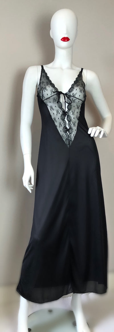 Long black night dress with lace trim