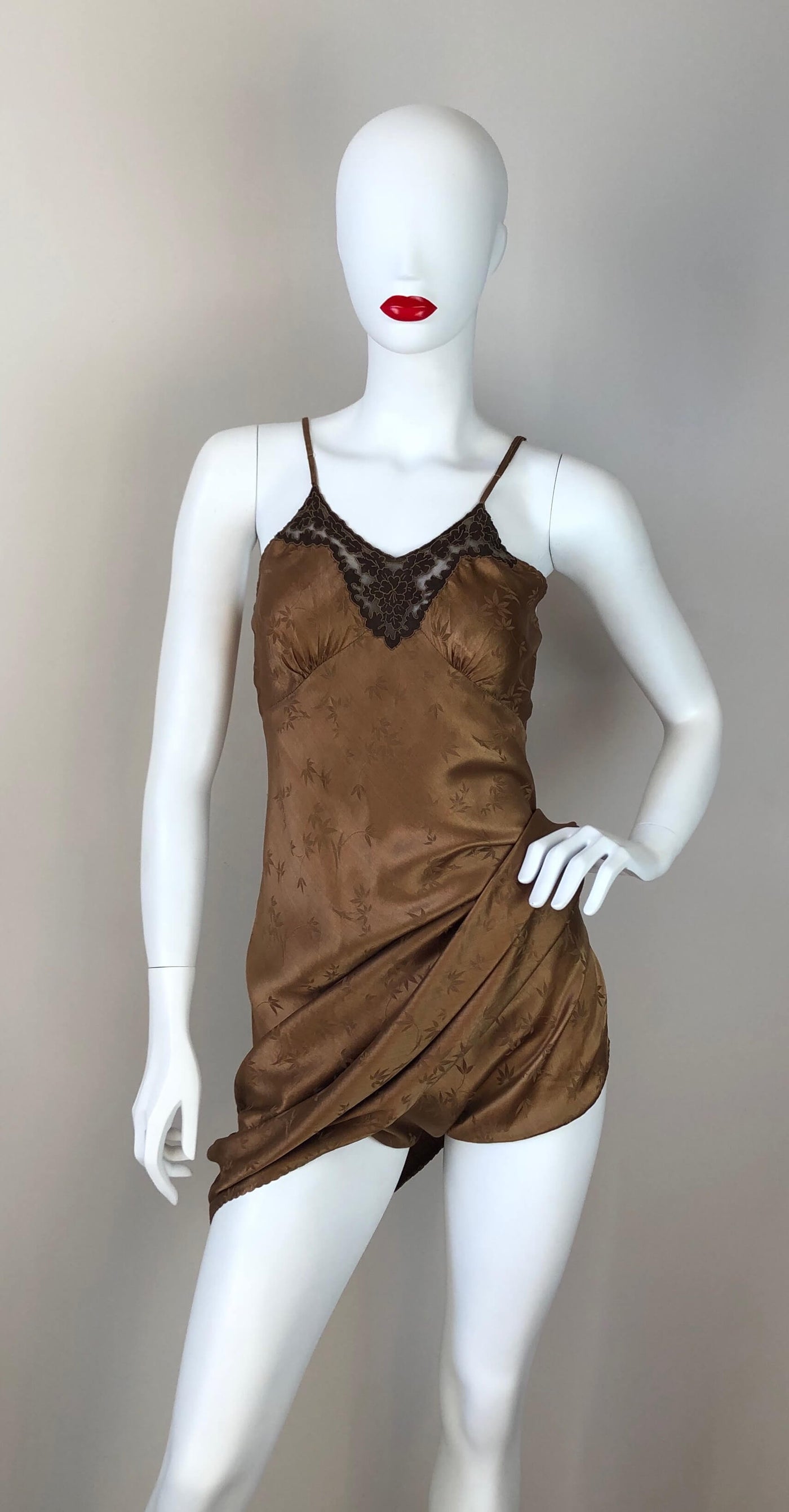 Brown Silk slip dress with cami shorts