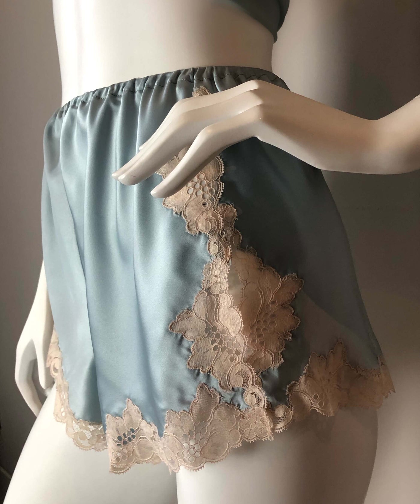 Dusty blue satin slip dress with matching cami shorts