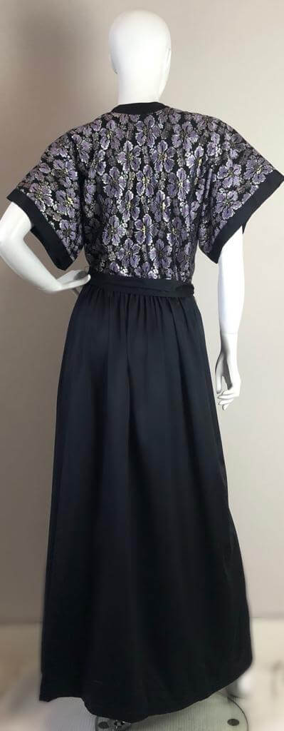 Black gown with purple metallic flower fabric