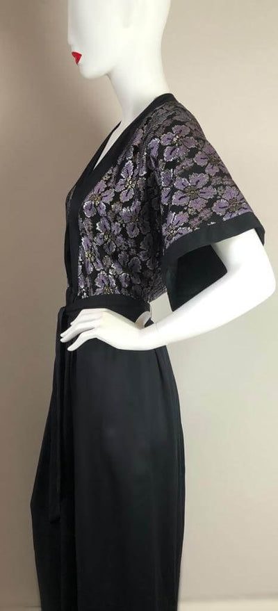 Black gown with purple metallic flower fabric